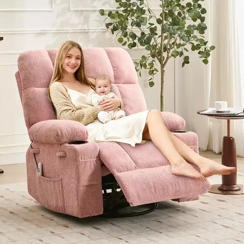 GustoWave Oversized Massage Recliner Chair with Heat, Manual Swivel Rocker, Lumbar Support, Dual Cup Holders, Side Pockets, Living Room