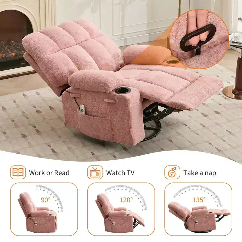 GustoWave Oversized Massage Recliner Chair with Heat, Manual Swivel Rocker, Lumbar Support, Dual Cup Holders, Side Pockets, Living Room