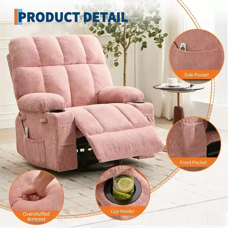 GustoWave Oversized Massage Recliner Chair with Heat, Manual Swivel Rocker, Lumbar Support, Dual Cup Holders, Side Pockets, Living Room