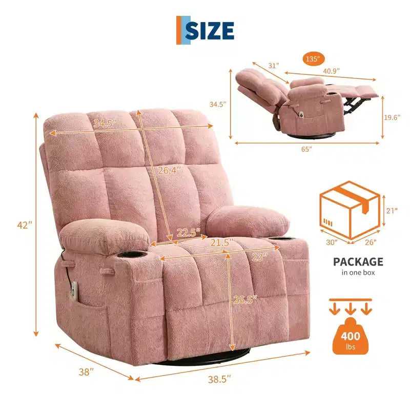 GustoWave Oversized Massage Recliner Chair with Heat, Manual Swivel Rocker, Lumbar Support, Dual Cup Holders, Side Pockets, Living Room