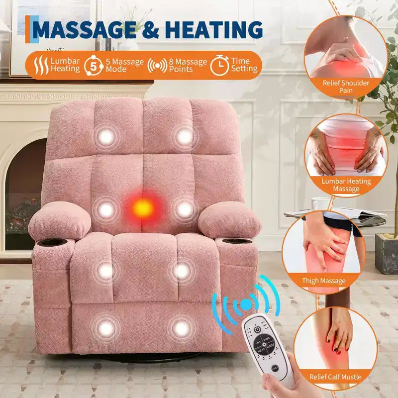 GustoWave Oversized Massage Recliner Chair with Heat, Manual Swivel Rocker, Lumbar Support, Dual Cup Holders, Side Pockets, Living Room