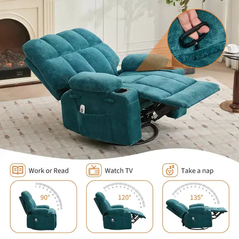 GustoWave Oversized Massage Recliner Chair with Heat, Manual Swivel Rocker, Lumbar Support, Dual Cup Holders, Side Pockets, Living Room