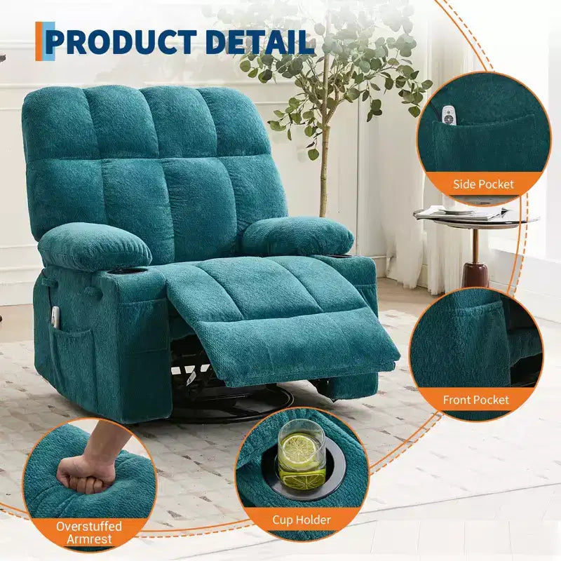 GustoWave Oversized Massage Recliner Chair with Heat, Manual Swivel Rocker, Lumbar Support, Dual Cup Holders, Side Pockets, Living Room