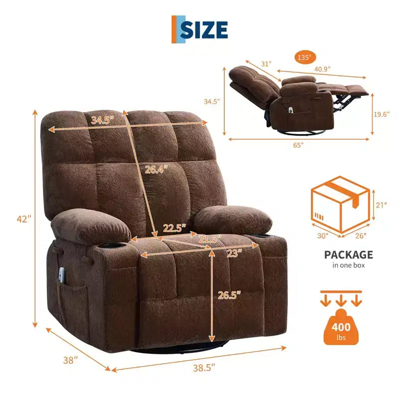 GustoWave Oversized Massage Recliner Chair with Heat, Manual Swivel Rocker, Lumbar Support, Dual Cup Holders, Side Pockets, Living Room