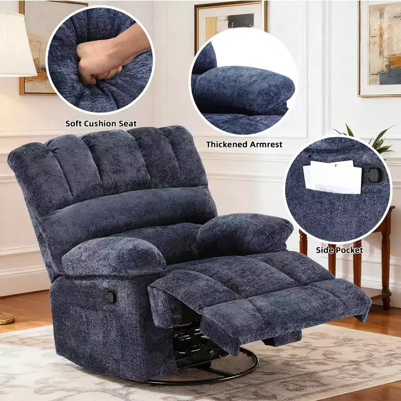 MAYEERTY Blue Oversized Swivel Rocker Recliner Sofa for Adults, Chenille, Perfect for Living Room