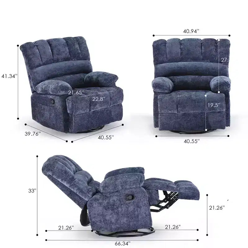 MAYEERTY Blue Oversized Swivel Rocker Recliner Sofa for Adults, Chenille, Perfect for Living Room