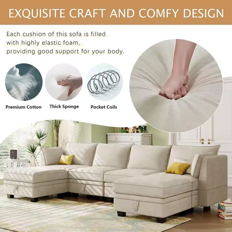 Sectional Sofa, U-Shape Sectional Couch With Reversible Chaise, Additional Storage Convertible Sofa Bed For Living Room, Office, Bedroom Beige