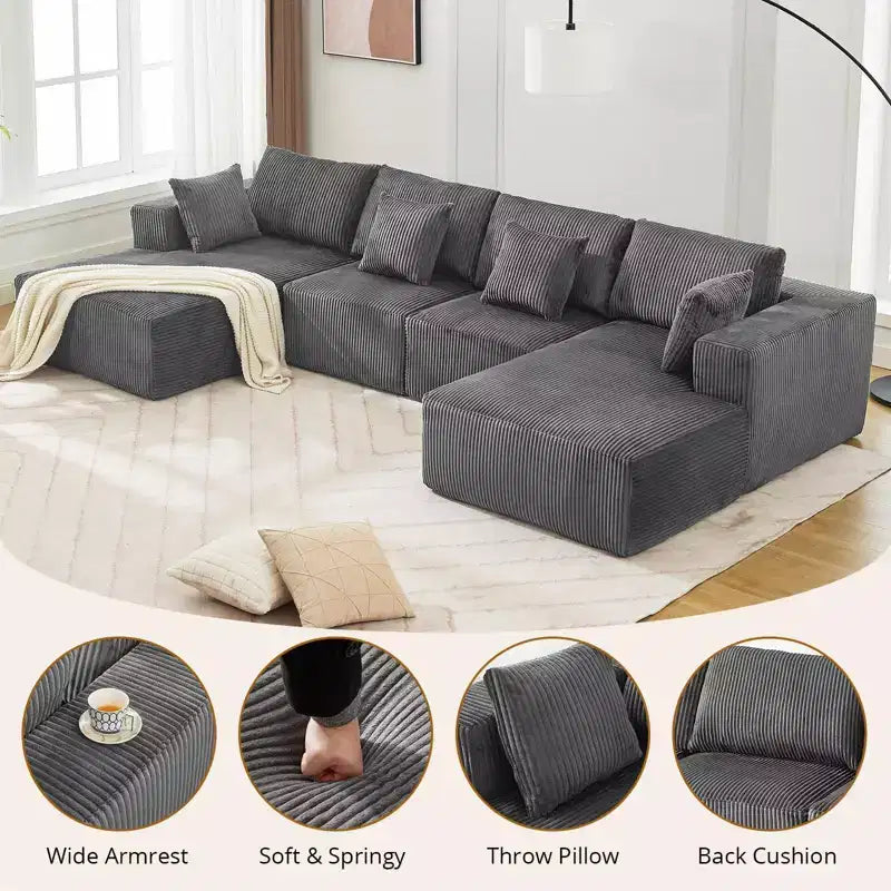 Sofa, 137 U-Shaped Cloud Sectional Couch with Double Chaises  Boneless Corduroy Deep Seat Modular Sofa No Assembly for Living Room/Apartment Gray