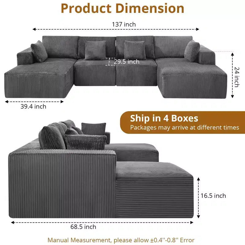 Sofa, 137 U-Shaped Cloud Sectional Couch with Double Chaises  Boneless Corduroy Deep Seat Modular Sofa No Assembly for Living Room/Apartment Gray