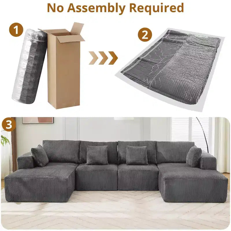 Sofa, 137 U-Shaped Cloud Sectional Couch with Double Chaises  Boneless Corduroy Deep Seat Modular Sofa No Assembly for Living Room/Apartment Gray