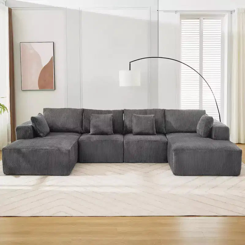 Sofa, 137 U-Shaped Cloud Sectional Couch with Double Chaises  Boneless Corduroy Deep Seat Modular Sofa No Assembly for Living Room/Apartment Gray