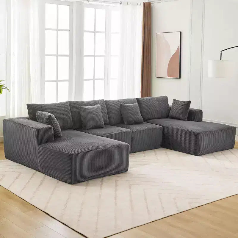Sofa, 137 U-Shaped Cloud Sectional Couch with Double Chaises  Boneless Corduroy Deep Seat Modular Sofa No Assembly for Living Room/Apartment Gray