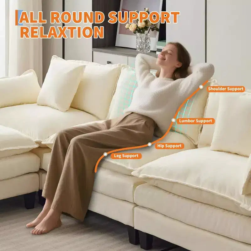 Sofa, 112 Modular L-Shaped Cloud Couch  Plush Chenille/Corduroy Fabric Deep Seat with Ottoman & Side Pockets for Living Room/Bedroom