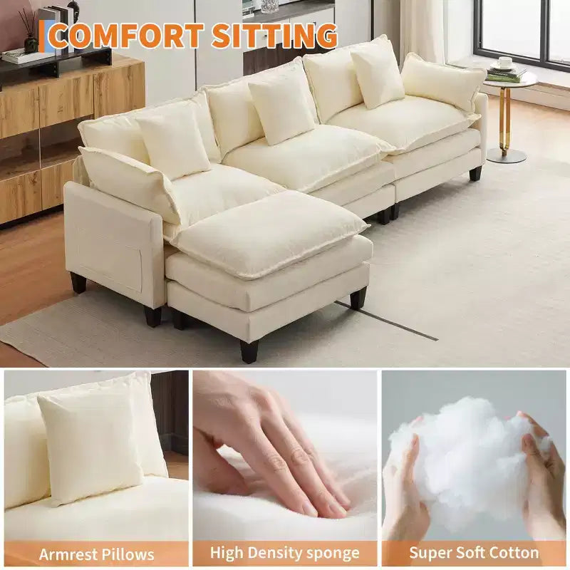 Sofa, 112 Modular L-Shaped Cloud Couch  Plush Chenille/Corduroy Fabric Deep Seat with Ottoman & Side Pockets for Living Room/Bedroom