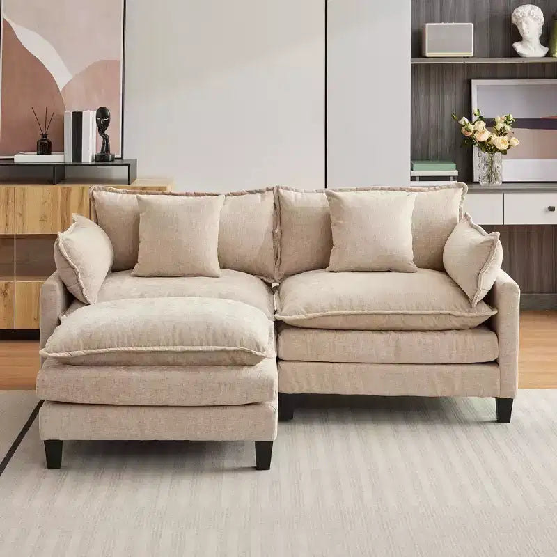 Sofa, 112 Modular L-Shaped Cloud Couch  Plush Chenille/Corduroy Fabric Deep Seat with Ottoman & Side Pockets for Living Room/Bedroom