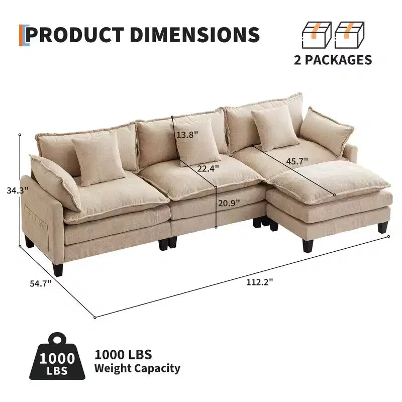 Sofa, 112 Modular L-Shaped Cloud Couch  Plush Chenille/Corduroy Fabric Deep Seat with Ottoman & Side Pockets for Living Room/Bedroom