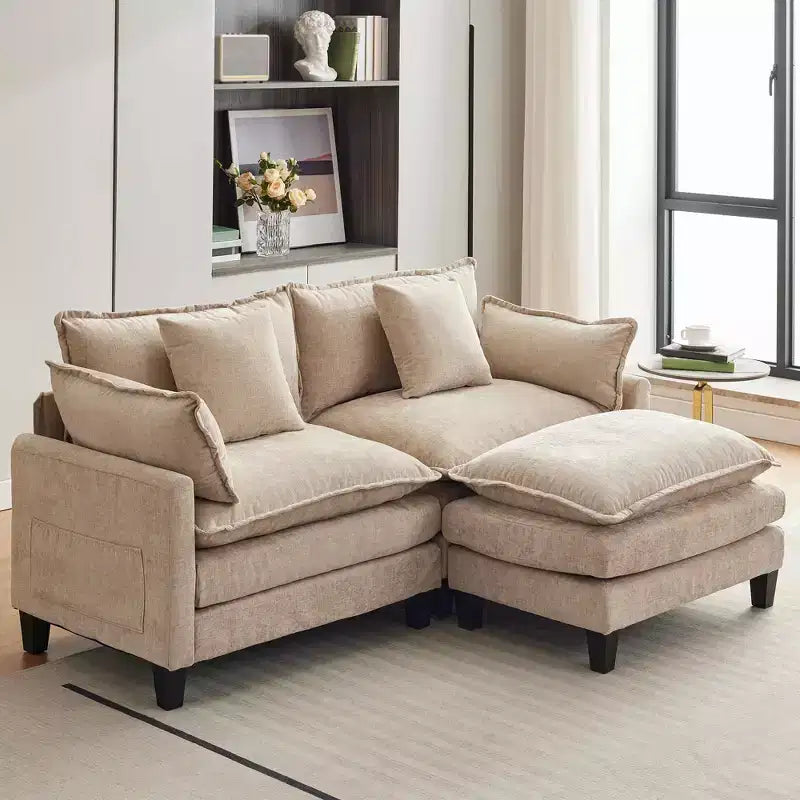 Sofa, 112 Modular L-Shaped Cloud Couch  Plush Chenille/Corduroy Fabric Deep Seat with Ottoman & Side Pockets for Living Room/Bedroom