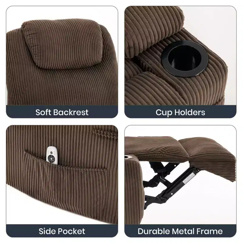 Corduroy Electric Power Lift Recliner Chair with 155 Recline, Massage, Heat, Dual Cup Holders, and Stand Assist, Ergonomic Comfort Chair for Elderly