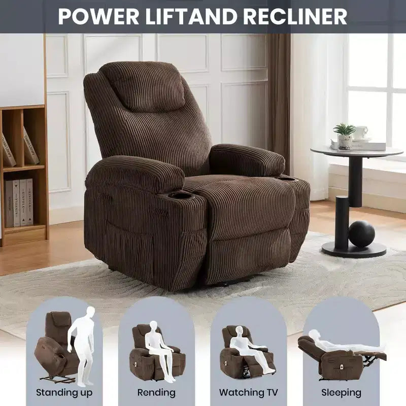 Corduroy Electric Power Lift Recliner Chair with 155 Recline, Massage, Heat, Dual Cup Holders, and Stand Assist, Ergonomic Comfort Chair for Elderly