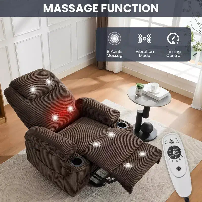 Corduroy Electric Power Lift Recliner Chair with 155 Recline, Massage, Heat, Dual Cup Holders, and Stand Assist, Ergonomic Comfort Chair for Elderly