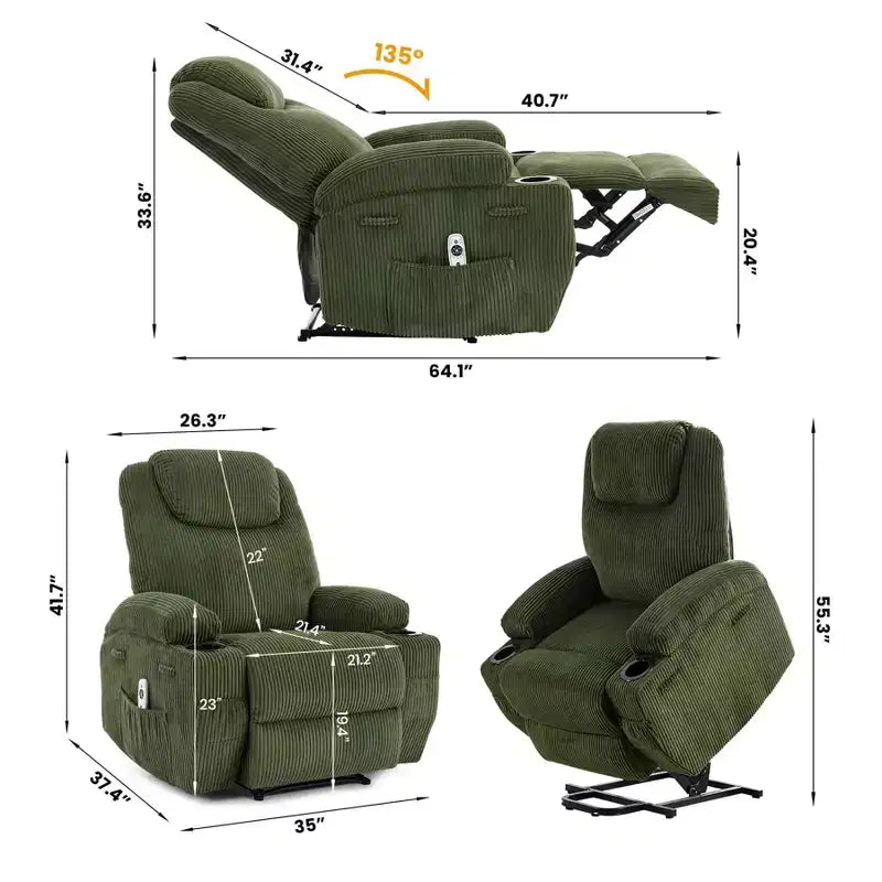 Corduroy Electric Power Lift Recliner Chair with 155 Recline, Massage, Heat, Dual Cup Holders, and Stand Assist, Ergonomic Comfort Chair for Elderly