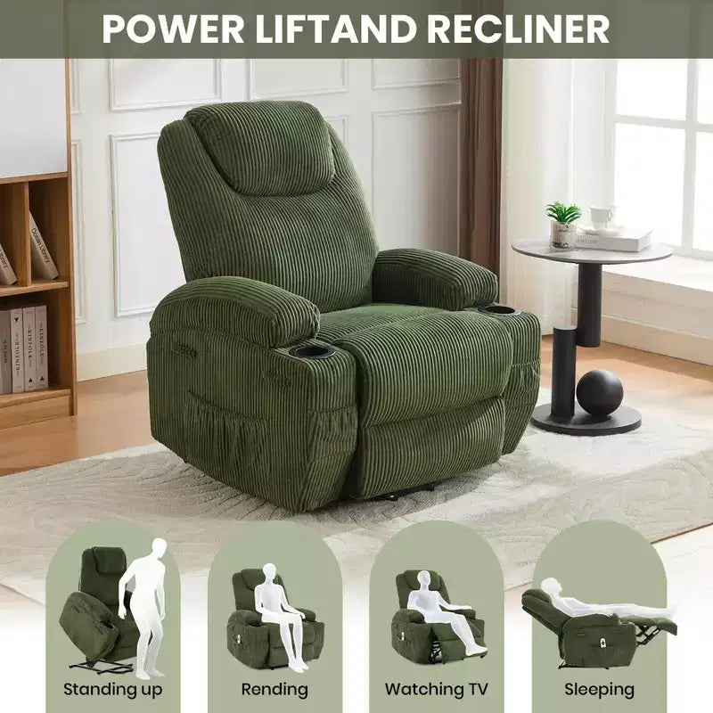 Corduroy Electric Power Lift Recliner Chair with 155 Recline, Massage, Heat, Dual Cup Holders, and Stand Assist, Ergonomic Comfort Chair for Elderly
