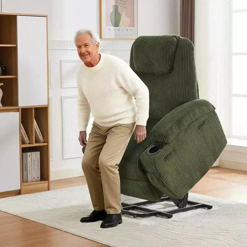 Corduroy Electric Power Lift Recliner Chair with 155 Recline, Massage, Heat, Dual Cup Holders, and Stand Assist, Ergonomic Comfort Chair for Elderly