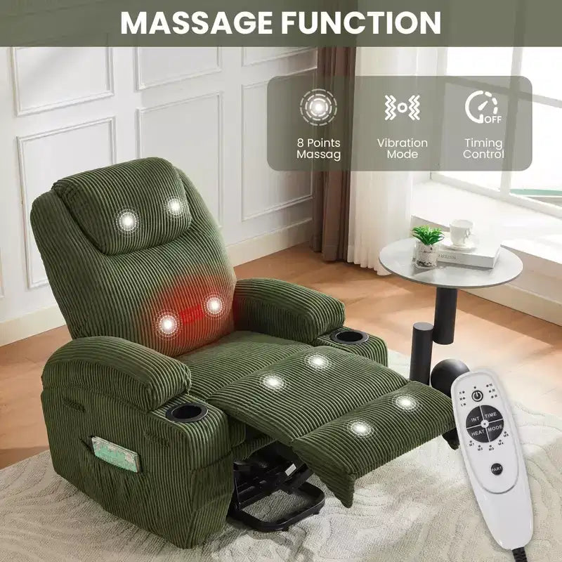 Corduroy Electric Power Lift Recliner Chair with 155 Recline, Massage, Heat, Dual Cup Holders, and Stand Assist, Ergonomic Comfort Chair for Elderly