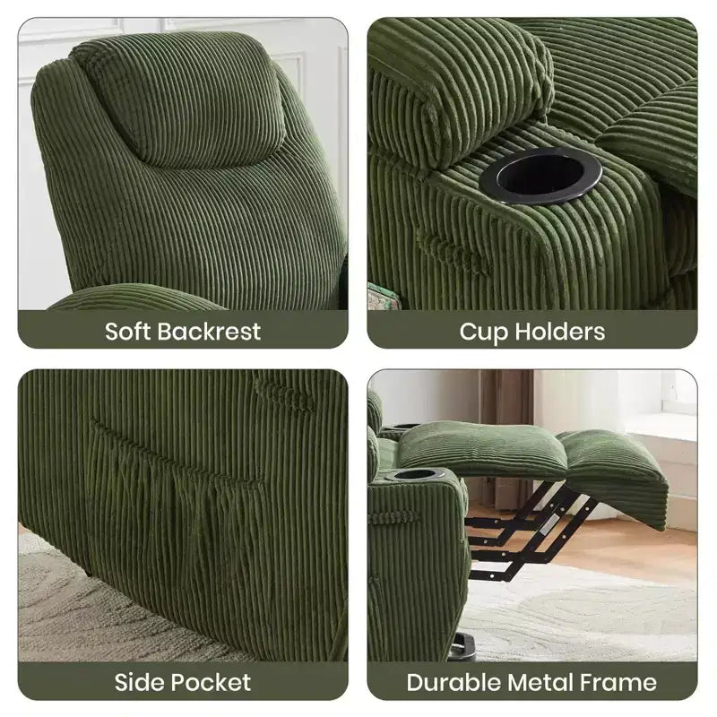 Corduroy Electric Power Lift Recliner Chair with 155 Recline, Massage, Heat, Dual Cup Holders, and Stand Assist, Ergonomic Comfort Chair for Elderly