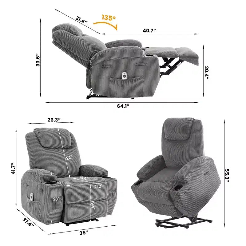 Corduroy Electric Power Lift Recliner Chair with 155 Recline, Massage, Heat, Dual Cup Holders, and Stand Assist, Ergonomic Comfort Chair for Elderly