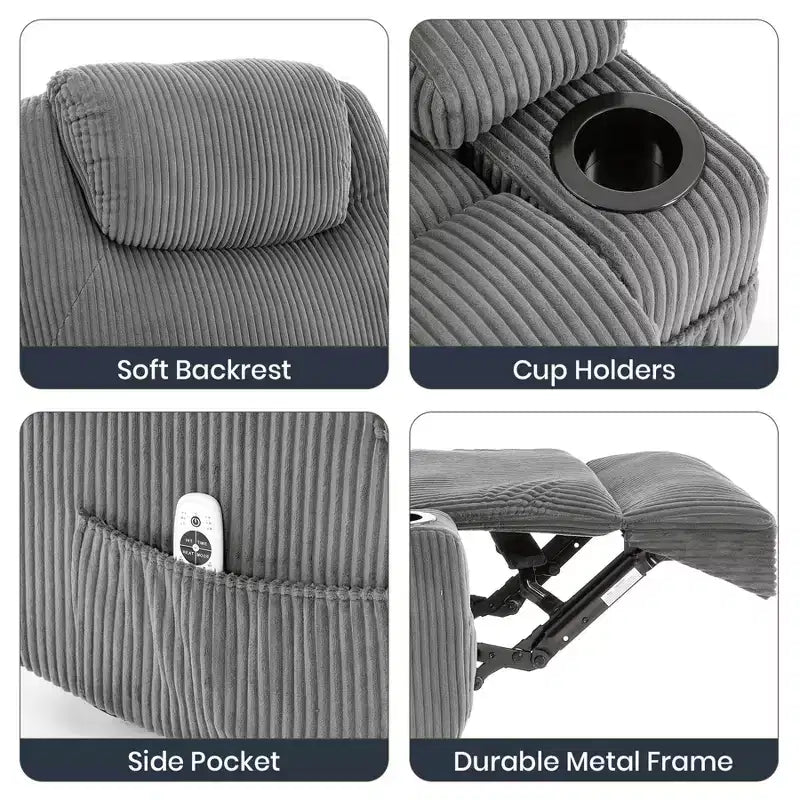 Corduroy Electric Power Lift Recliner Chair with 155 Recline, Massage, Heat, Dual Cup Holders, and Stand Assist, Ergonomic Comfort Chair for Elderly