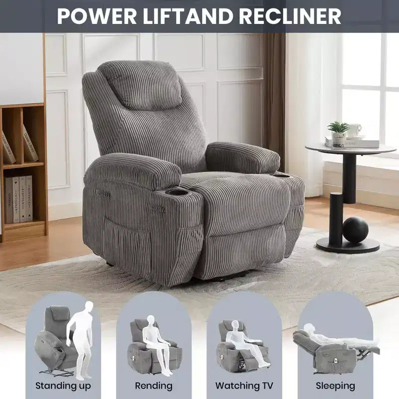 Corduroy Electric Power Lift Recliner Chair with 155 Recline, Massage, Heat, Dual Cup Holders, and Stand Assist, Ergonomic Comfort Chair for Elderly