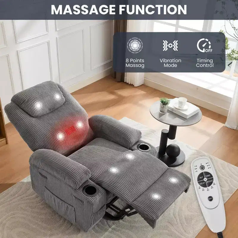Corduroy Electric Power Lift Recliner Chair with 155 Recline, Massage, Heat, Dual Cup Holders, and Stand Assist, Ergonomic Comfort Chair for Elderly