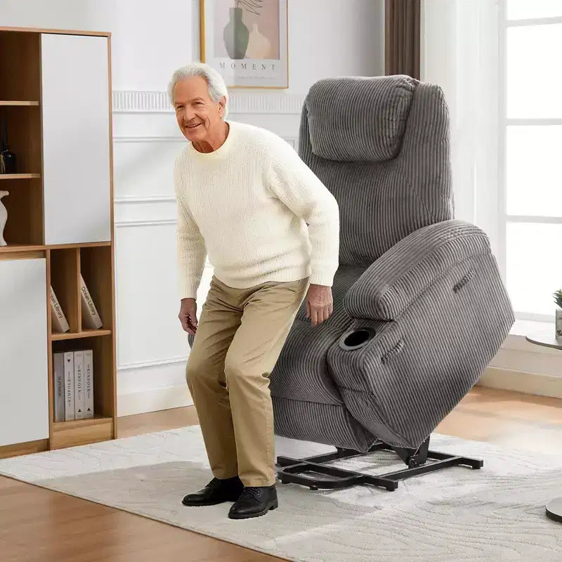 Corduroy Electric Power Lift Recliner Chair with 155 Recline, Massage, Heat, Dual Cup Holders, and Stand Assist, Ergonomic Comfort Chair for Elderly