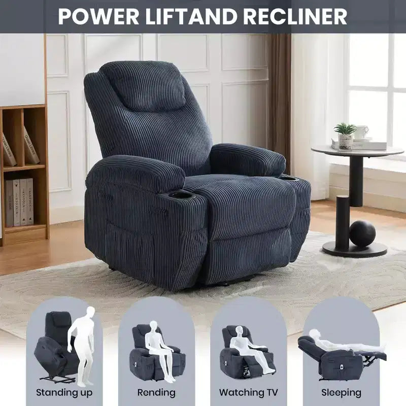 Corduroy Electric Power Lift Recliner Chair with 155 Recline, Massage, Heat, Dual Cup Holders, and Stand Assist, Ergonomic Comfort Chair for Elderly