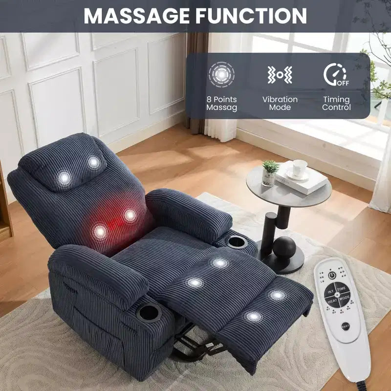 Corduroy Electric Power Lift Recliner Chair with 155 Recline, Massage, Heat, Dual Cup Holders, and Stand Assist, Ergonomic Comfort Chair for Elderly