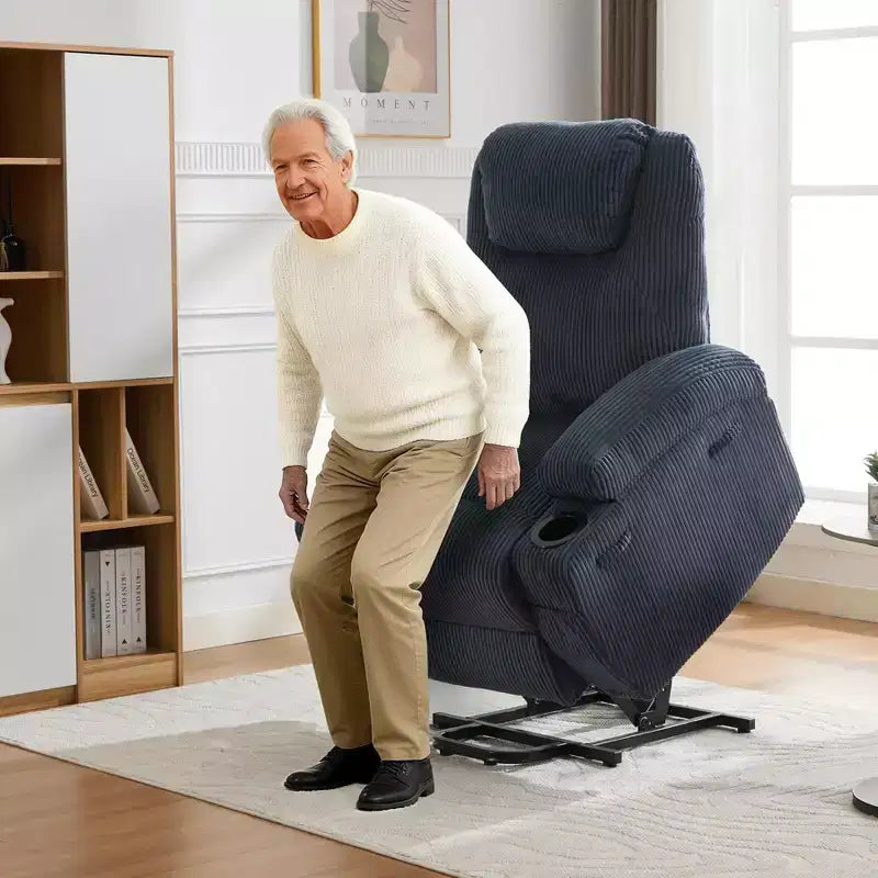 Corduroy Electric Power Lift Recliner Chair with 155 Recline, Massage, Heat, Dual Cup Holders, and Stand Assist, Ergonomic Comfort Chair for Elderly