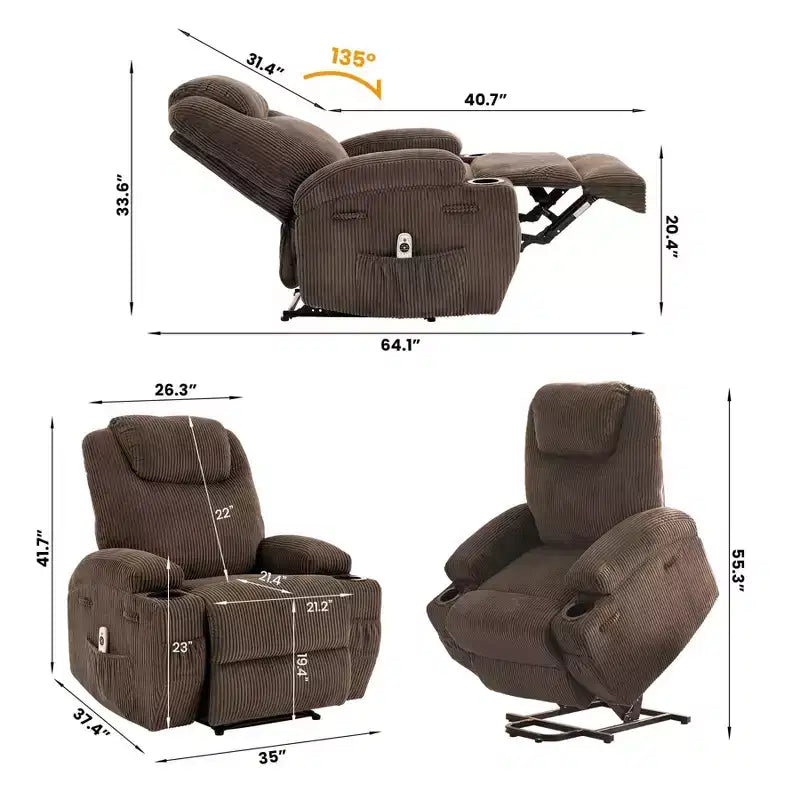 Corduroy Electric Power Lift Recliner Chair with 155 Recline, Massage, Heat, Dual Cup Holders, and Stand Assist, Ergonomic Comfort Chair for Elderly