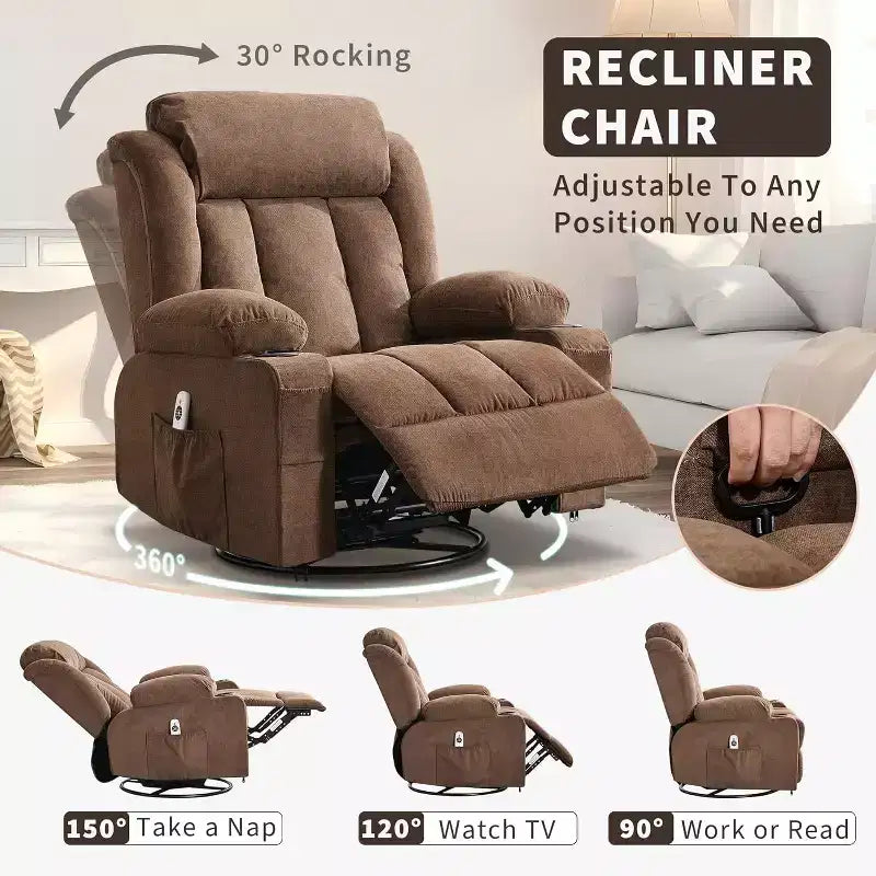 Oversized 360 Swivel Recliner with Heat & Massage. Wide Rocker for Big & Tall, 3-Positions, Cup Holders, USB Port & Pocket  Ultimate Lounge Chair.