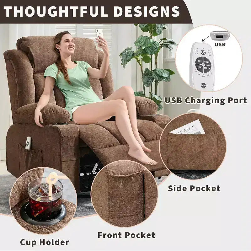 Oversized 360 Swivel Recliner with Heat & Massage. Wide Rocker for Big & Tall, 3-Positions, Cup Holders, USB Port & Pocket  Ultimate Lounge Chair.