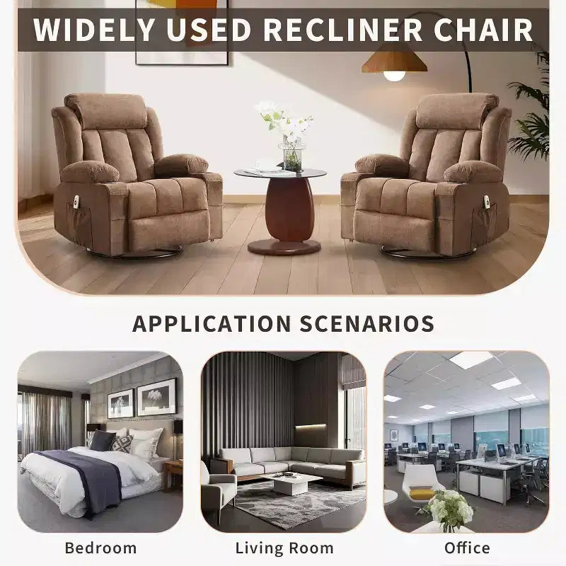 Oversized 360 Swivel Recliner with Heat & Massage. Wide Rocker for Big & Tall, 3-Positions, Cup Holders, USB Port & Pocket  Ultimate Lounge Chair.