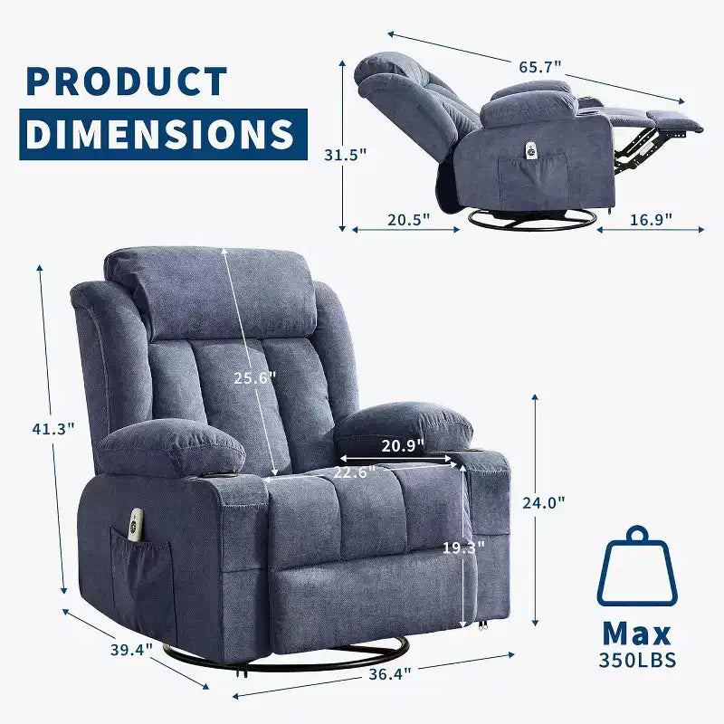 Oversized 360 Swivel Recliner with Heat & Massage. Wide Rocker for Big & Tall, 3-Positions, Cup Holders, USB Port & Pocket  Ultimate Lounge Chair.