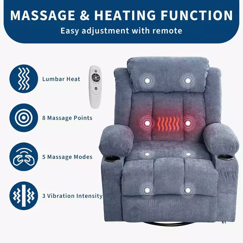 Oversized 360 Swivel Recliner with Heat & Massage. Wide Rocker for Big & Tall, 3-Positions, Cup Holders, USB Port & Pocket  Ultimate Lounge Chair.