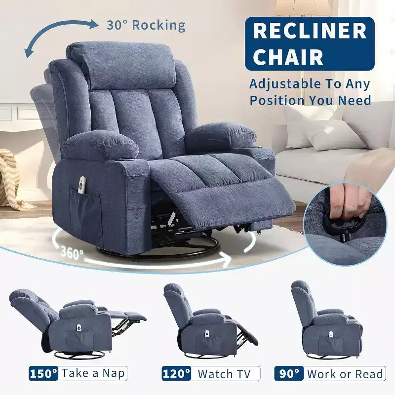 Oversized 360 Swivel Recliner with Heat & Massage. Wide Rocker for Big & Tall, 3-Positions, Cup Holders, USB Port & Pocket  Ultimate Lounge Chair.