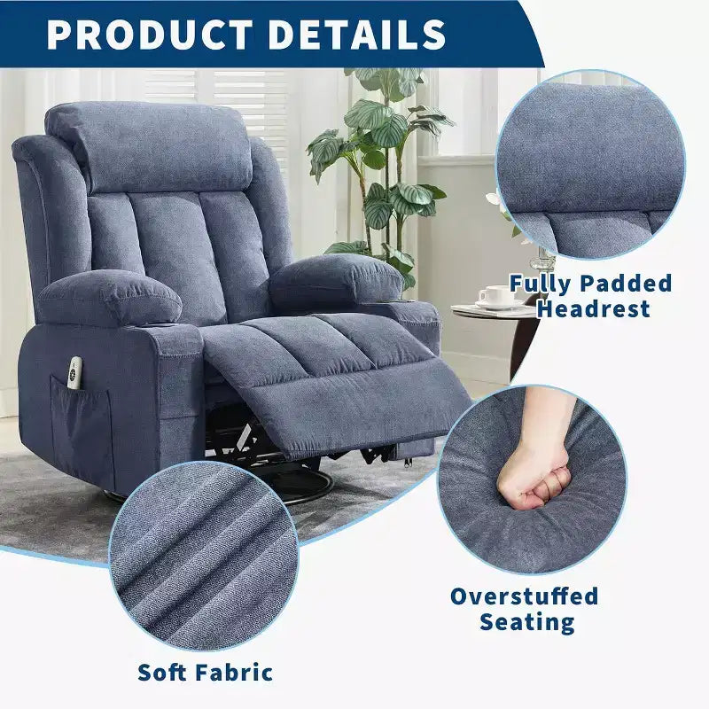 Oversized 360 Swivel Recliner with Heat & Massage. Wide Rocker for Big & Tall, 3-Positions, Cup Holders, USB Port & Pocket  Ultimate Lounge Chair.