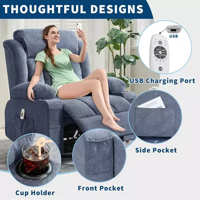 Oversized 360 Swivel Recliner with Heat & Massage. Wide Rocker for Big & Tall, 3-Positions, Cup Holders, USB Port & Pocket  Ultimate Lounge Chair.