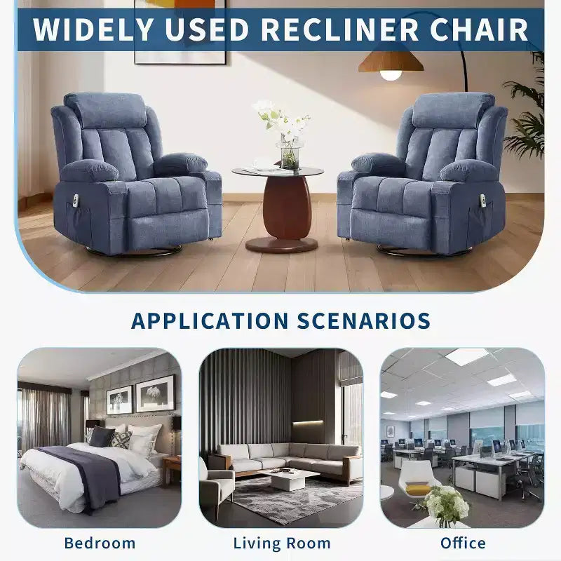 Oversized 360 Swivel Recliner with Heat & Massage. Wide Rocker for Big & Tall, 3-Positions, Cup Holders, USB Port & Pocket  Ultimate Lounge Chair.