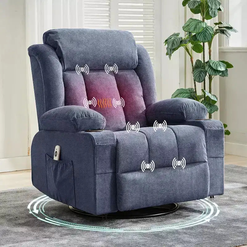Oversized 360 Swivel Recliner with Heat & Massage. Wide Rocker for Big & Tall, 3-Positions, Cup Holders, USB Port & Pocket  Ultimate Lounge Chair.