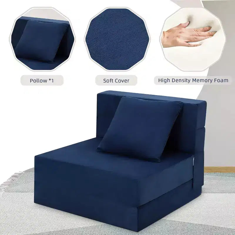 Single Gray Convertible Folding Sofa Bed, Plush Floor Futon with Cushion for Living Room or Home Office, Compact Sleeper Chair Easy to Move
