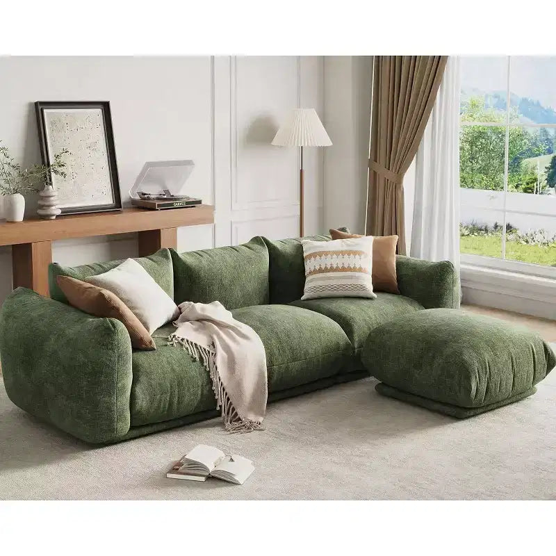 L-Shaped Chenille Sectional Sofa  Deep Modular Cloud Couch with High-Resilience Sponge, Green